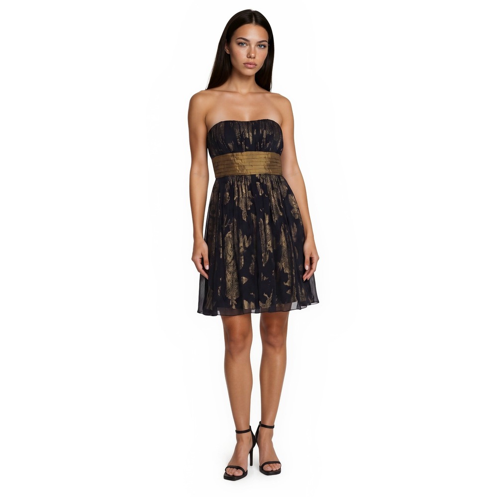 BCBGMAXAZRIA‎ 100% Silk Strapless Dress Women's Size 4 Black Gold Metallic Y2K